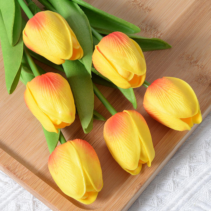 Tulip Artificial Flower I Yellow with streaks of Orange and Red on the petals I 1 Piece